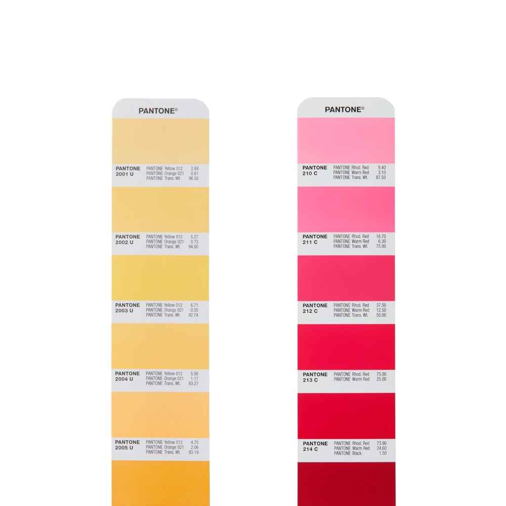 Pola kolorów Pantone Coated i Uncoated z numerami oraz recepturami mieszania farb