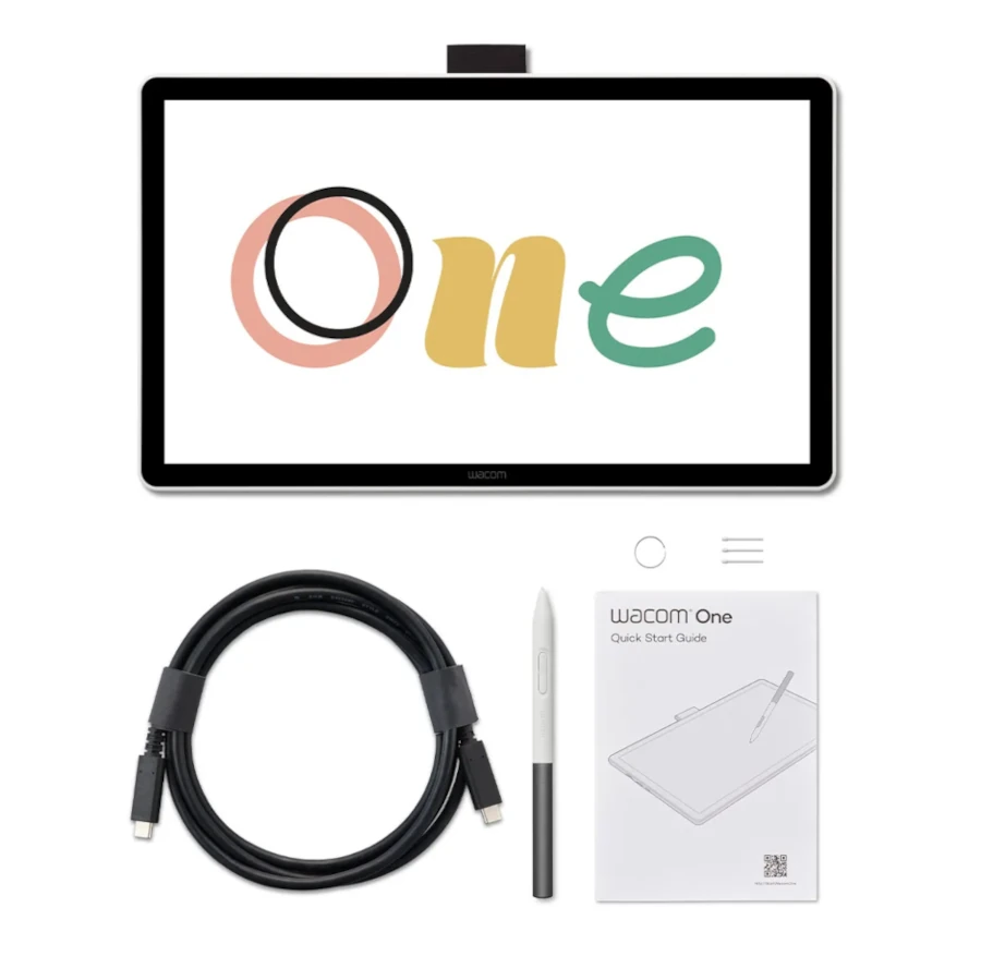 Wacom One 14 zawartość zestawu, tablet ekranowy, kabel USB C, pióro standardowe, końcówki i narzędzie
