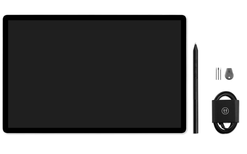 Zawartość zestawu Wacom MovinkPad Pro 14, tablet, piórko Pro Pen 3, końcówki, kabel USB C, narzędzie microSD