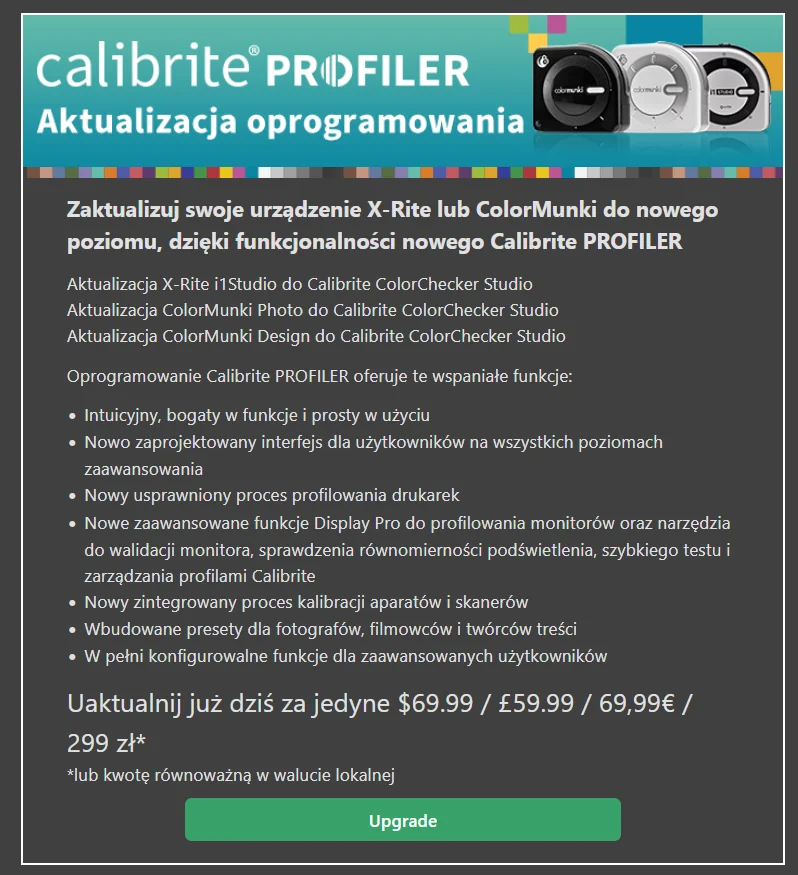 opłata za aktualizację do Calibrite Profiler 3.0 dla posiadaczy starszych wersji urządzenia