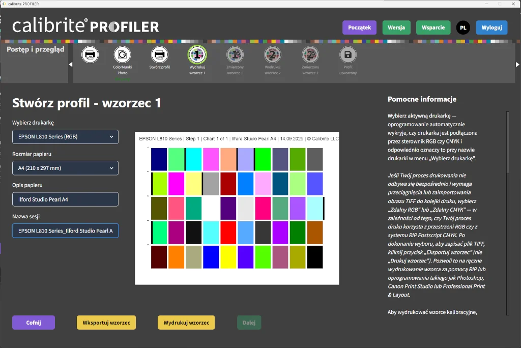 Wydruk pierwszego zestawu pól kontrolnych w programie Calibrite Profiler 3.0