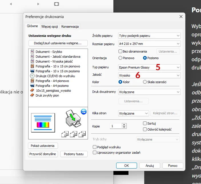 ustawienie papieru i jakości wydruku