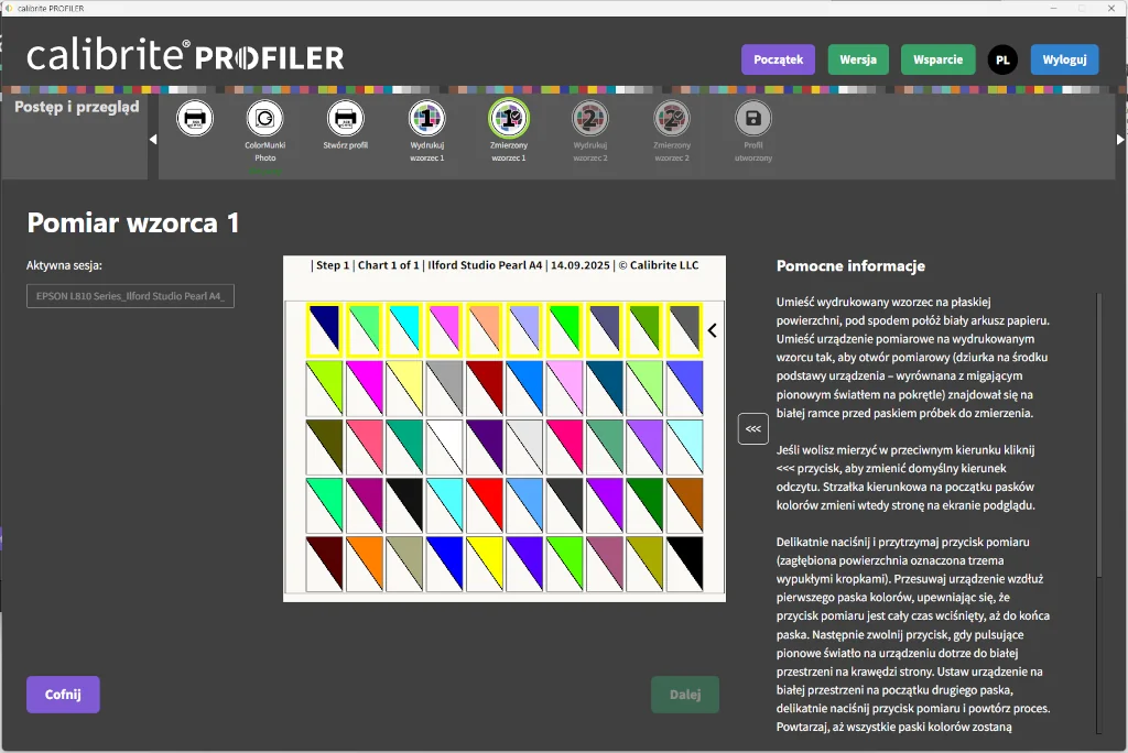 pomiar wzorca kontrolnego w programie Calibrite Profiler 3.0