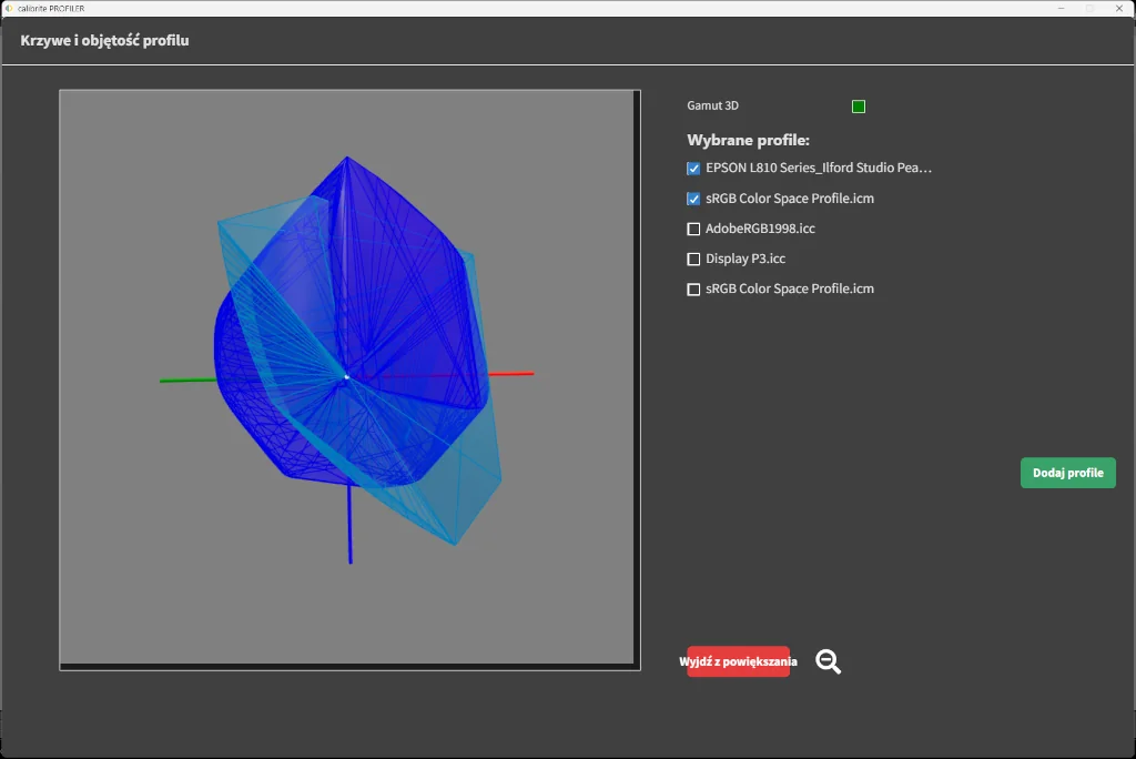 Podgląd profilu drukarki w widoku 3D w programie Calibrite Profiler 3.0