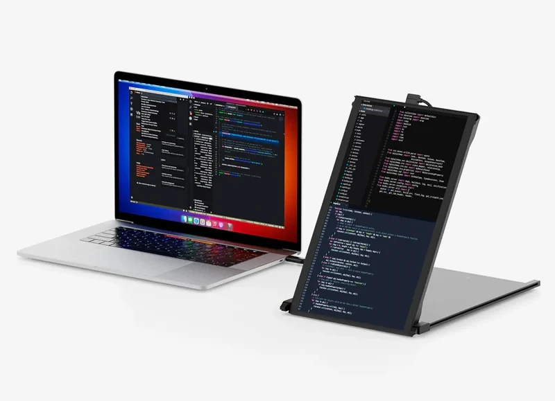 Mobile Pixels Duex Max DS ustawiony pionowo do pracy z kodem i dokumentami