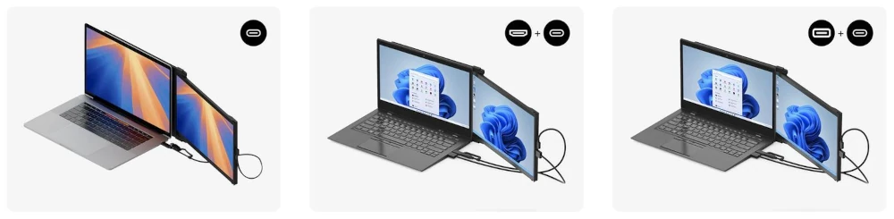 Sposoby podłączenia Mobile Pixels Duex Max DS przez USB-C, HDMI i adapter USB-A