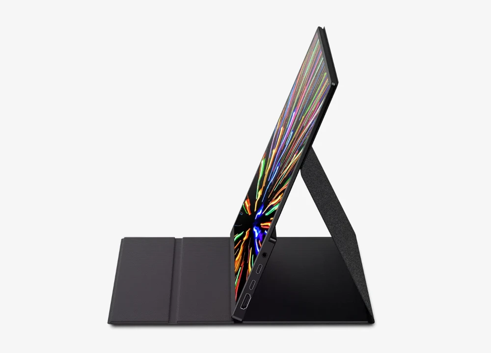 Mobile Pixels Fold QHD w kilku pozycjach ustawienia z magnetycznym etui