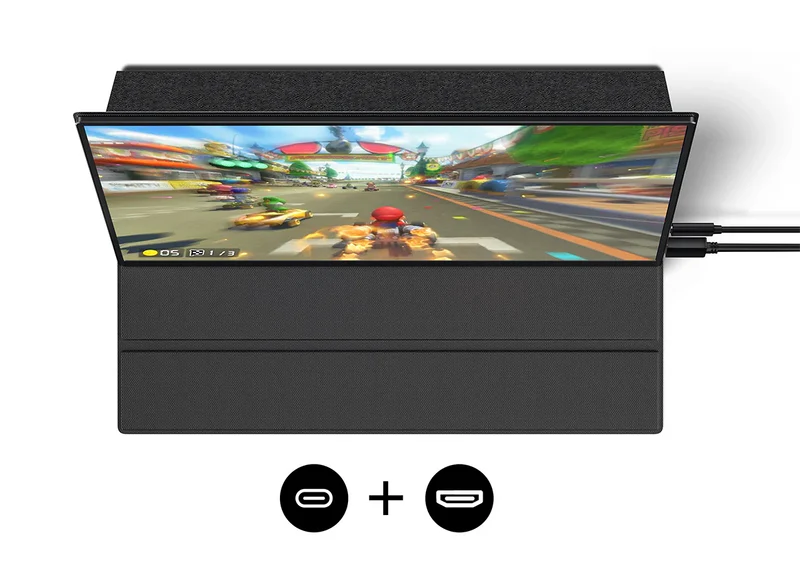 Porty Mobile Pixels Fold QHD, USB-C, mini HDMI, przycisk zasilania, OSD i wyjście słuchawkowe