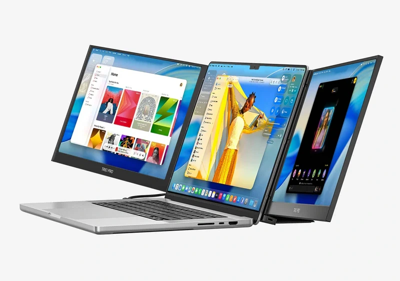 Mobile Pixels Trio 3 Pro podłączony do laptopa Apple jako mobilne stanowisko trójekranowe